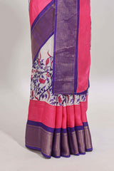 Pink & white zari striped floral design marsh mellow saree withcontrast zari border and blouse