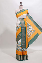 Mustard & white zari striped floral design marsh mellow saree withcontrast zari border and blouse
