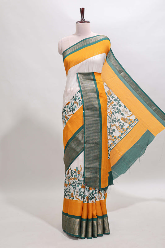 Mustard & white zari striped floral design marsh mellow saree with  contrast zari border and blouse