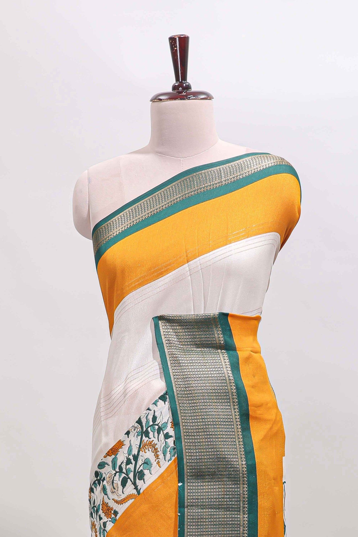 Mustard & white zari striped floral design marsh mellow saree with  contrast zari border and blouse