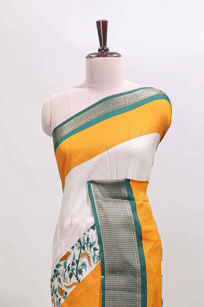 Mustard & white zari striped floral design marsh mellow saree with  contrast zari border and blouse