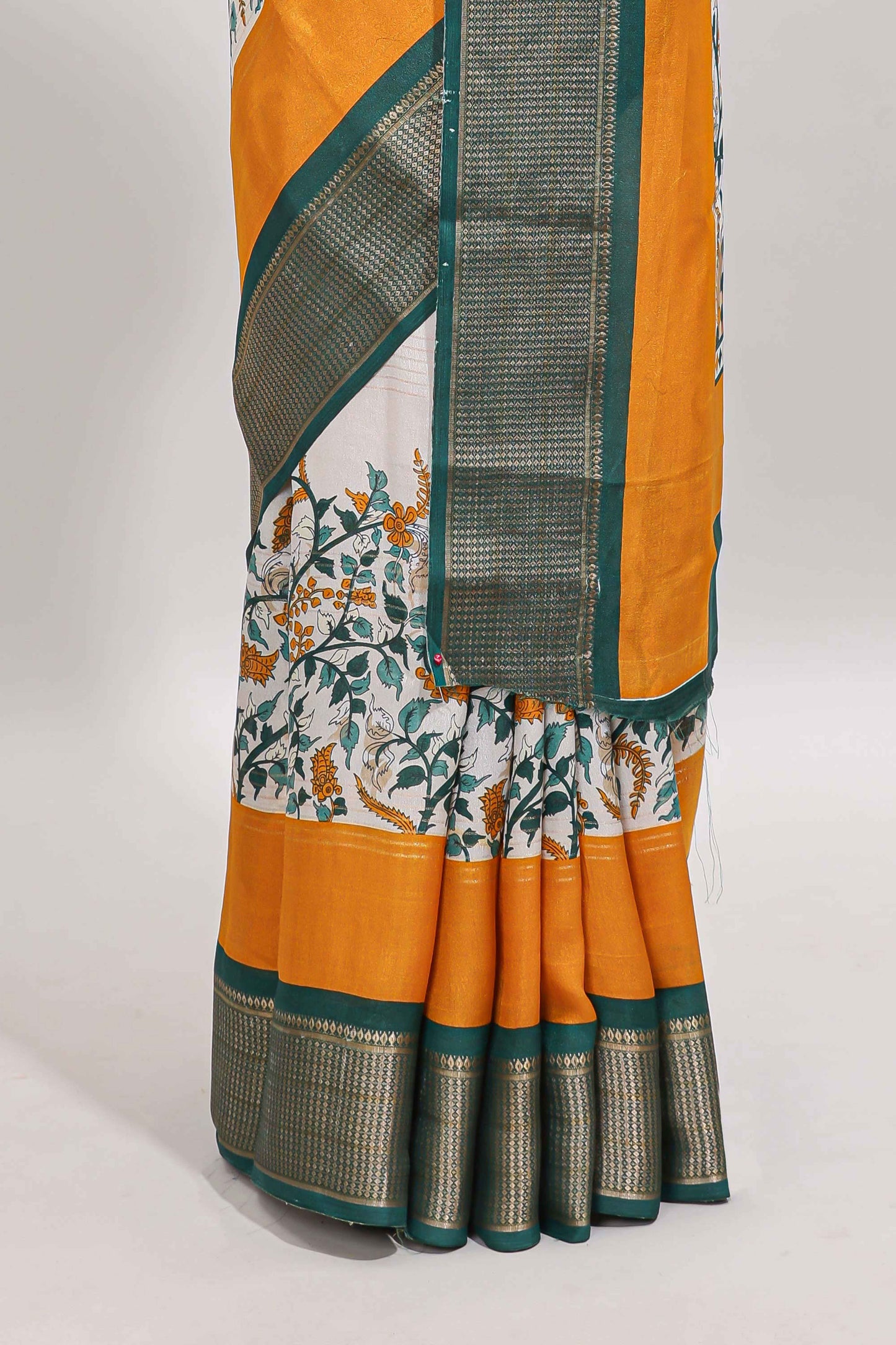 Mustard & white zari striped floral design marsh mellow saree with  contrast zari border and blouse