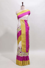 Rose pink & white zari striped floral design marsh mellow saree withcontrast zari border and blouse