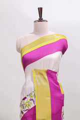 Rose pink & white zari striped floral design marsh mellow saree withcontrast zari border and blouse