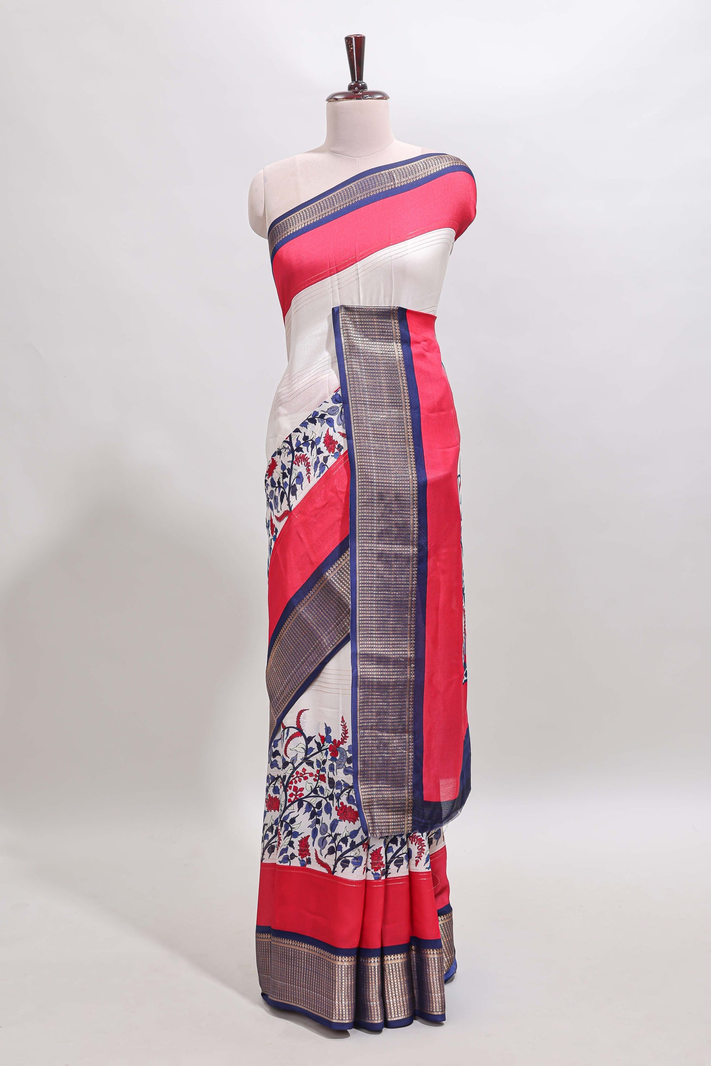 Red & white zari striped floral design marsh mellow saree with  contrast zari border and blouse