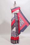 Red & white zari striped floral design marsh mellow saree withcontrast zari border and blouse