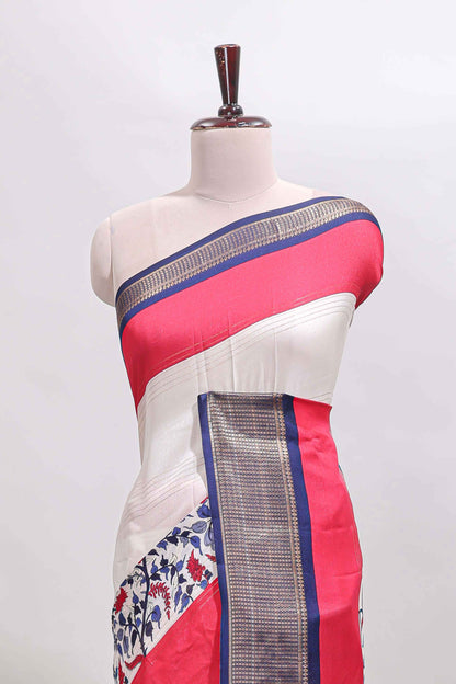 Red & white zari striped floral design marsh mellow saree with  contrast zari border and blouse
