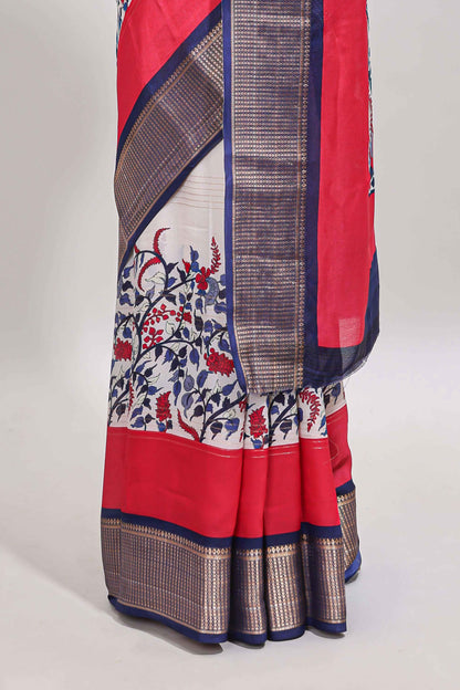 Red & white zari striped floral design marsh mellow saree with  contrast zari border and blouse