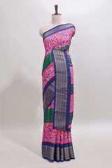 Multi color zari striped floral design marsh mellow saree withcontrast zari border and blouse