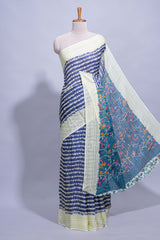 Navy blue colourshibori printed marsh mellow saree with contrast border and matching printed blouse
