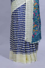 Navy blue colourshibori printed marsh mellow saree with contrast border and matching printed blouse