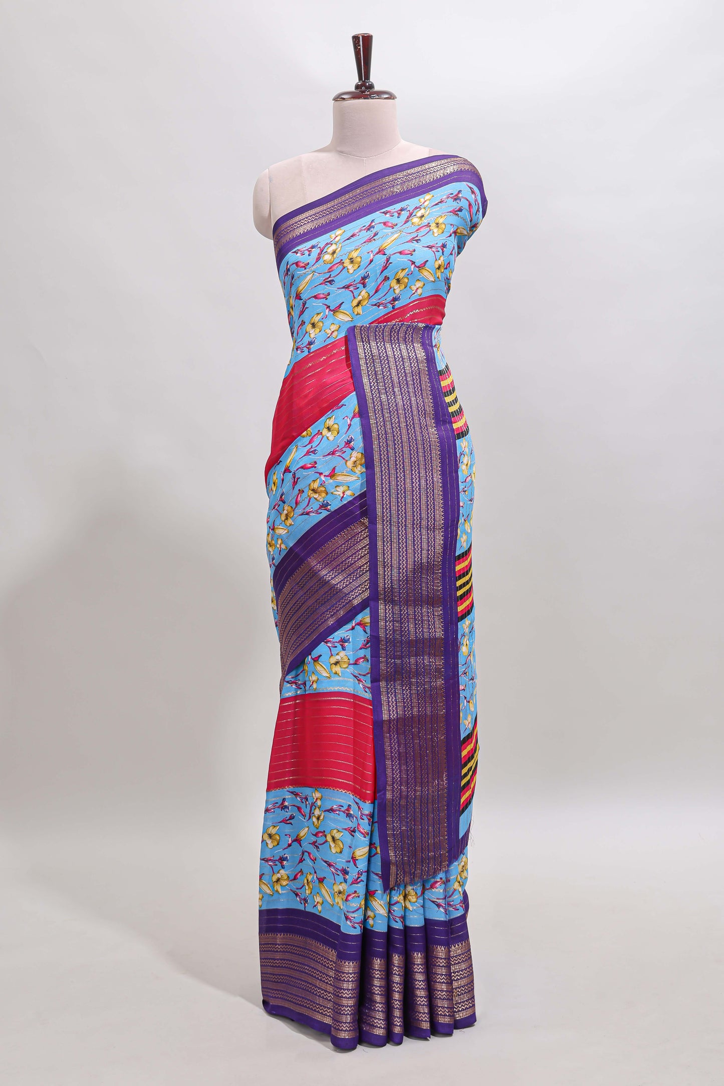 Multi color zari striped floral design marsh mellow saree with  contrast zari border and blouse