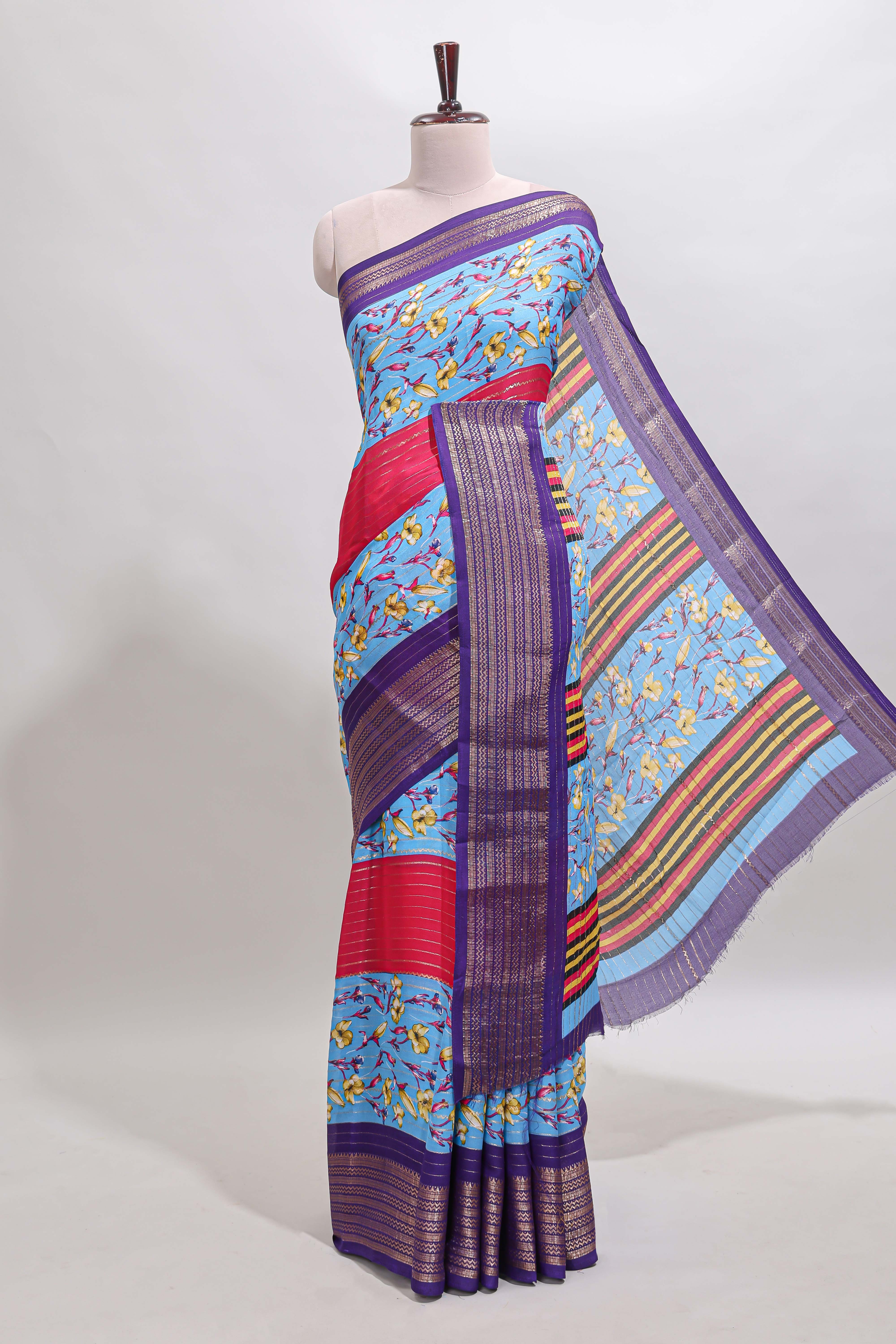 Multi color zari striped floral design marsh mellow saree withcontrast zari border and blouse