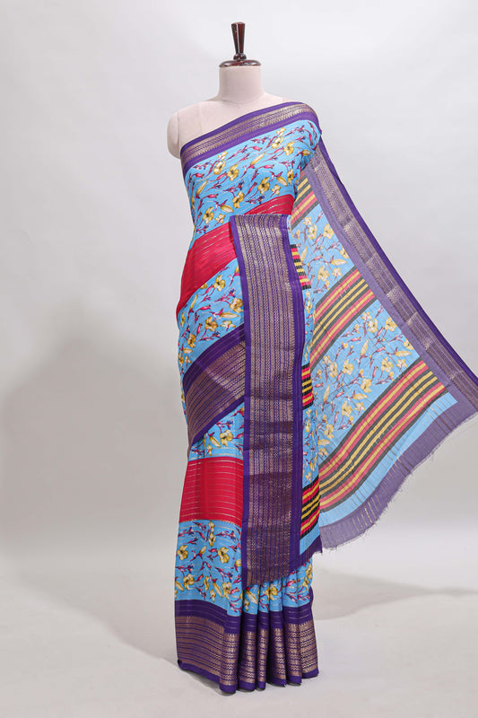 Multi color zari striped floral design marsh mellow saree with  contrast zari border and blouse