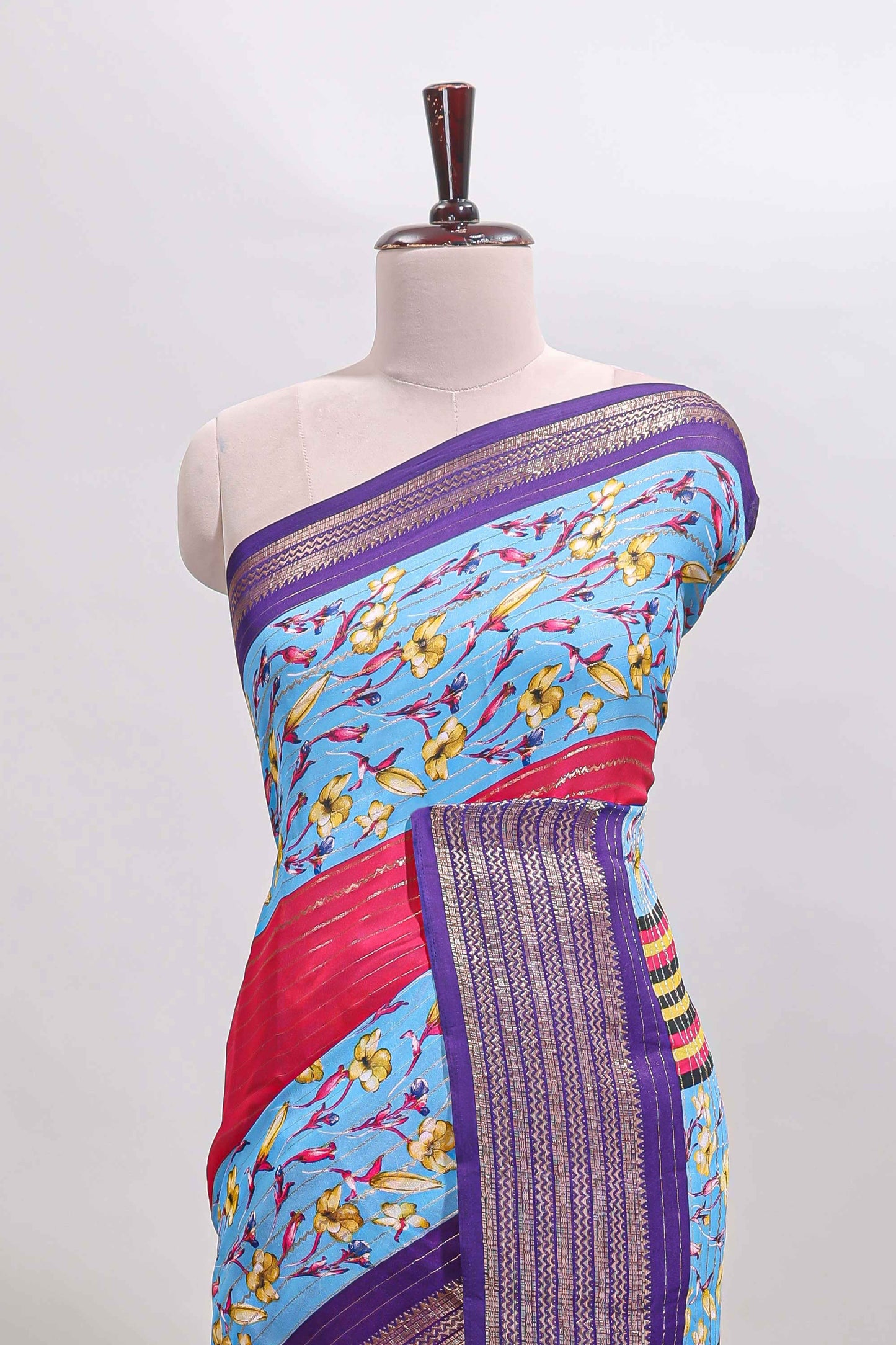 Multi color zari striped floral design marsh mellow saree with  contrast zari border and blouse