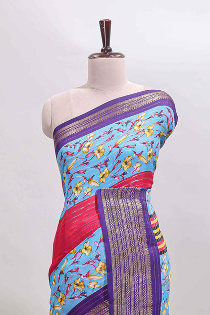Multi color zari striped floral design marsh mellow saree with  contrast zari border and blouse