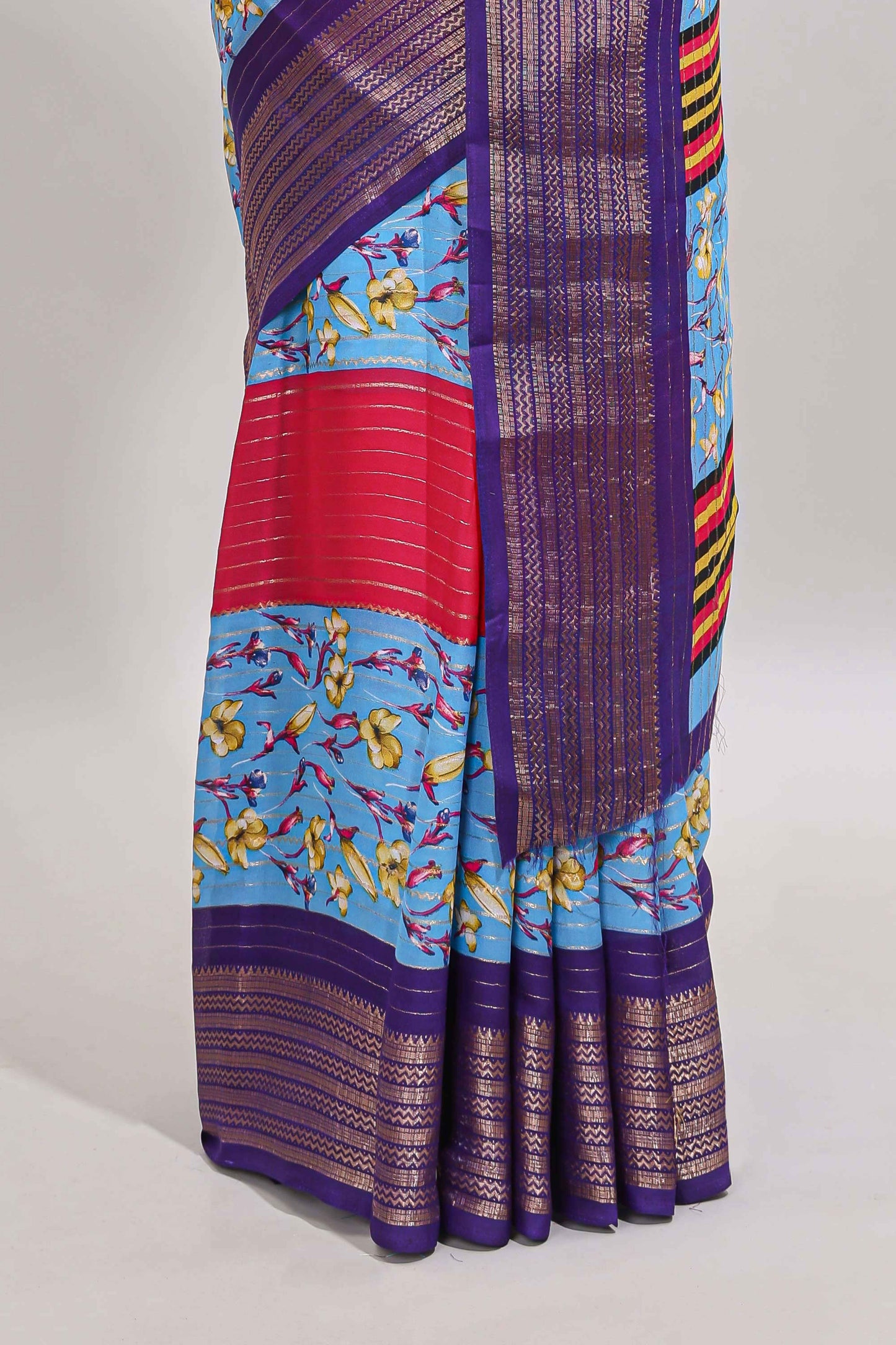 Multi color zari striped floral design marsh mellow saree with  contrast zari border and blouse