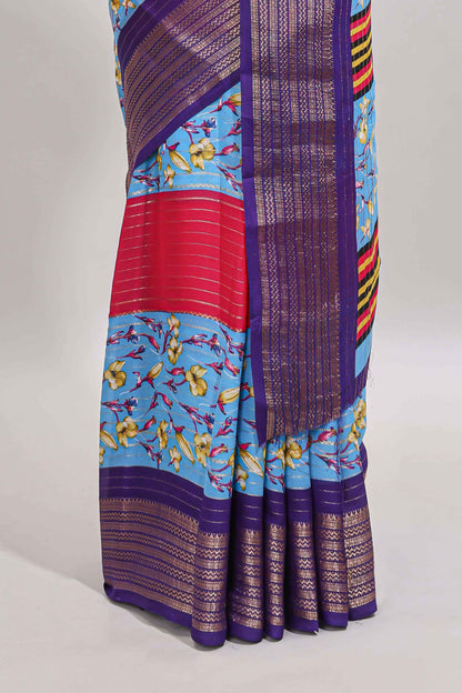 Multi color zari striped floral design marsh mellow saree with  contrast zari border and blouse
