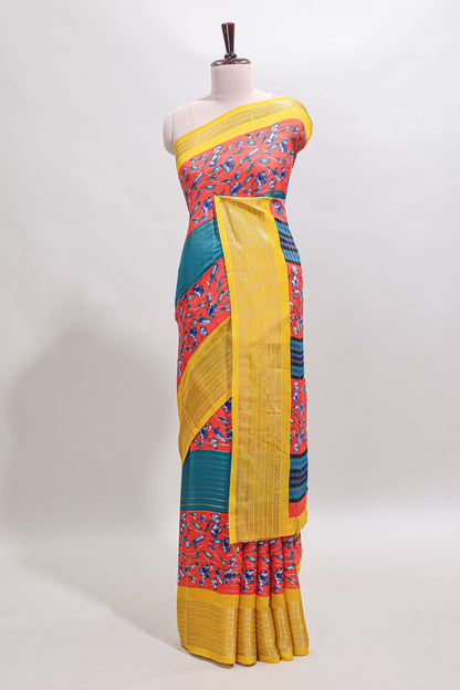 Multi color zari striped floral design marsh mellow saree with  contrast zari border and blouse
