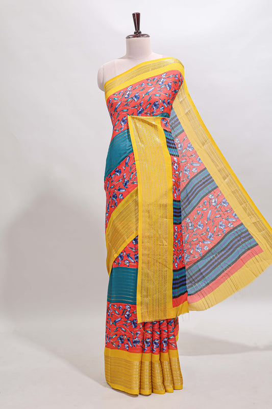 Multi color zari striped floral design marsh mellow saree with  contrast zari border and blouse
