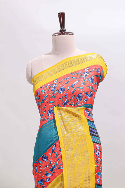 Multi color zari striped floral design marsh mellow saree with  contrast zari border and blouse