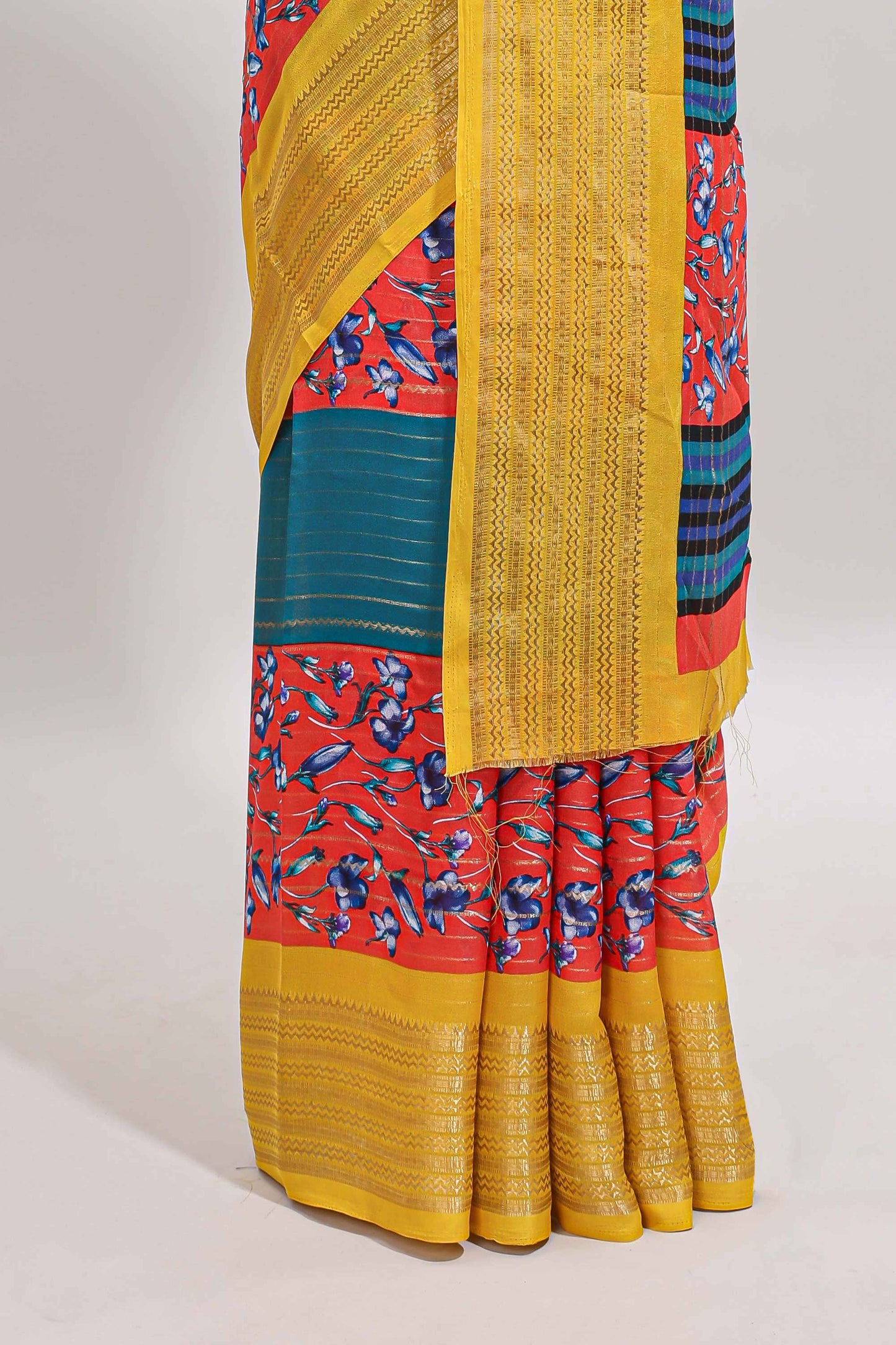 Multi color zari striped floral design marsh mellow saree with  contrast zari border and blouse