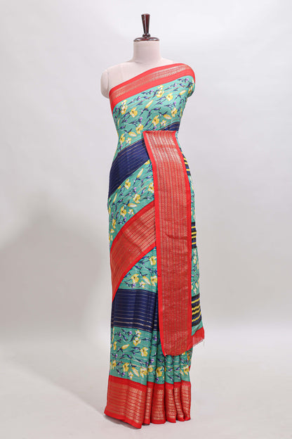 Multi color zari striped floral design marsh mellow saree with  contrast zari border and blouse