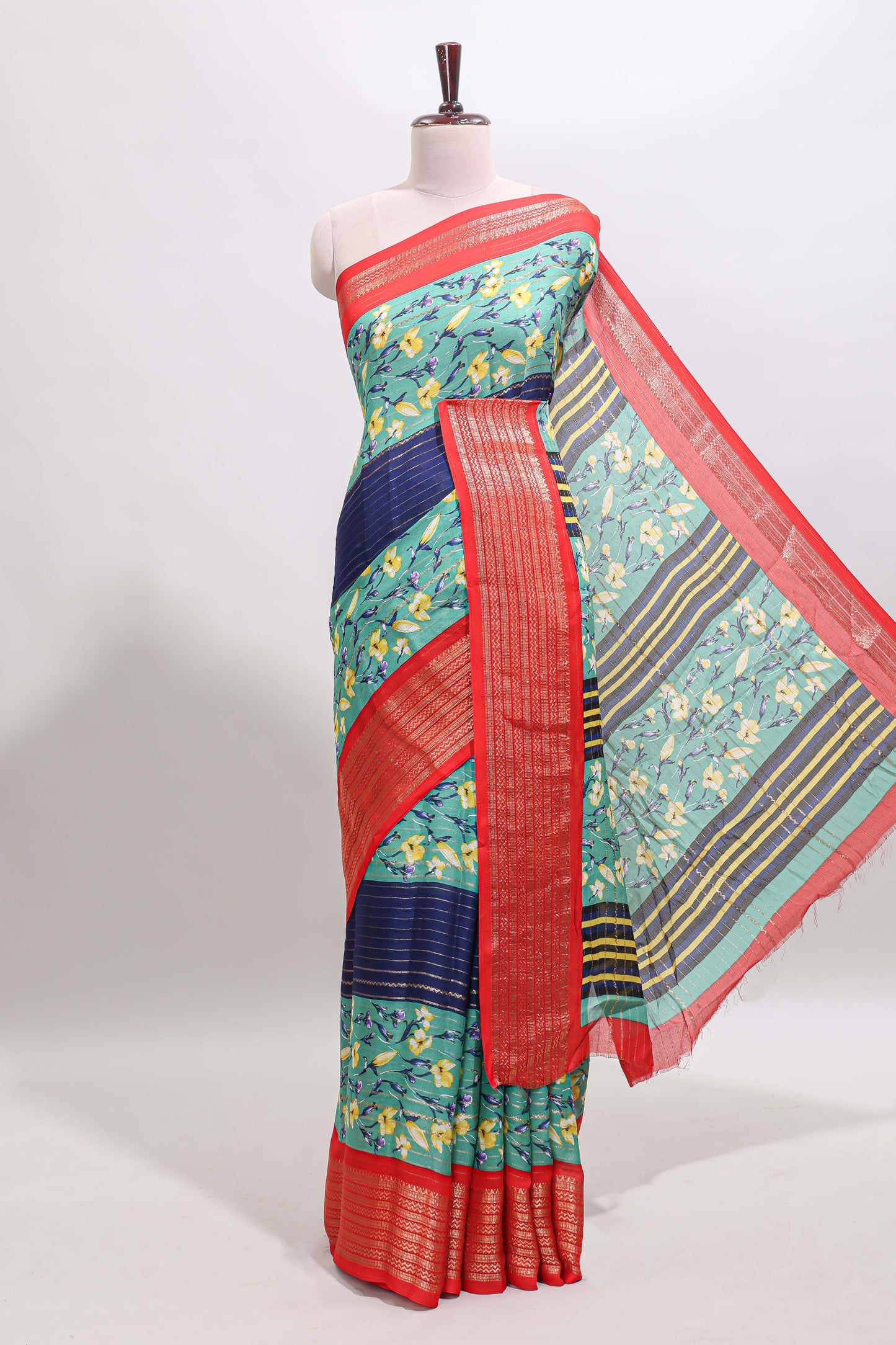 Multi color zari striped floral design marsh mellow saree with  contrast zari border and blouse