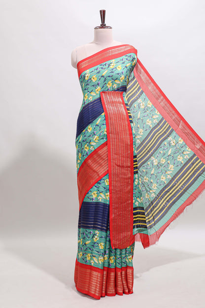 Multi color zari striped floral design marsh mellow saree with  contrast zari border and blouse