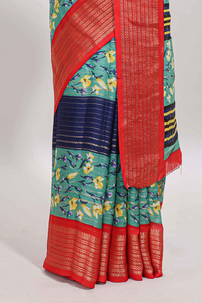 Multi color zari striped floral design marsh mellow saree with  contrast zari border and blouse