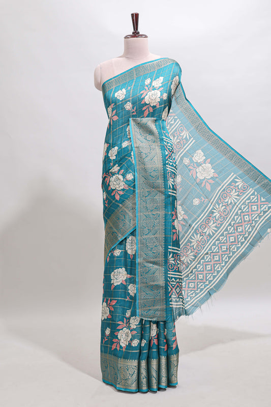 Green checked floral design marsh mellow saree with self zari border and matching blouse