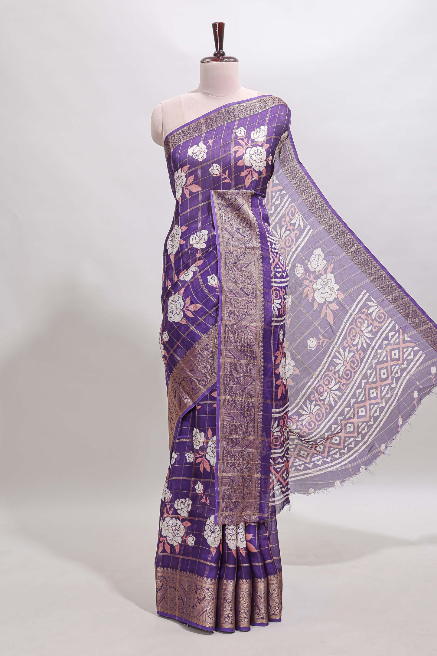 Violet checked floral design marsh mellow saree with self zari border and matching blouse