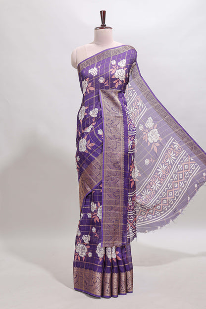 Violet checked floral design marsh mellow saree with self zari border and matching blouse