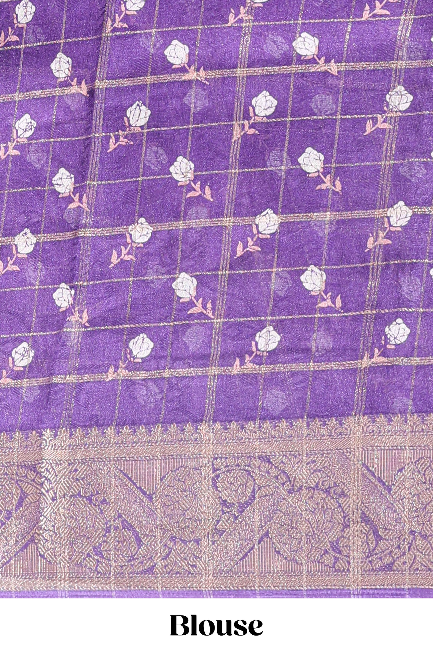 Violet checked floral design marsh mellow saree with self zari border and matching blouse