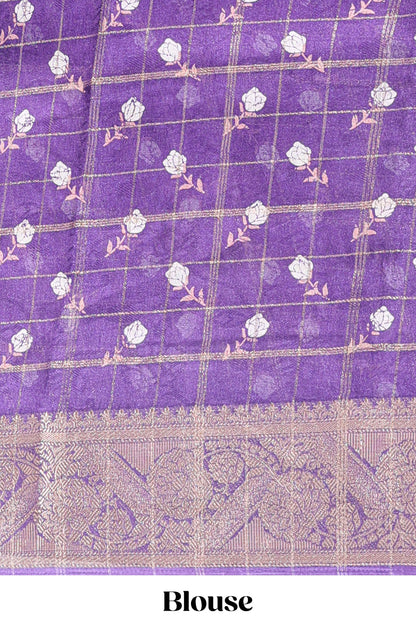 Violet checked floral design marsh mellow saree with self zari border and matching blouse