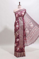 Maroon checked floral design marsh mellow saree with self zari border and matching blouse