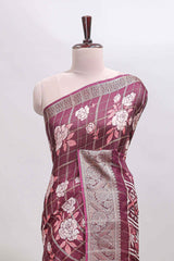 Maroon checked floral design marsh mellow saree with self zari border and matching blouse