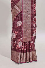 Maroon checked floral design marsh mellow saree with self zari border and matching blouse
