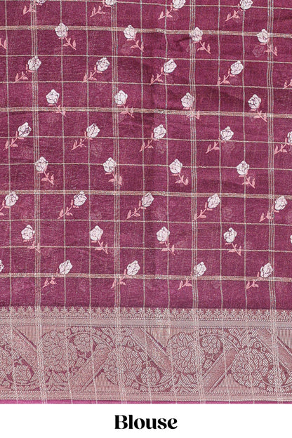 Maroon checked floral design marsh mellow saree with self zari border and matching blouse
