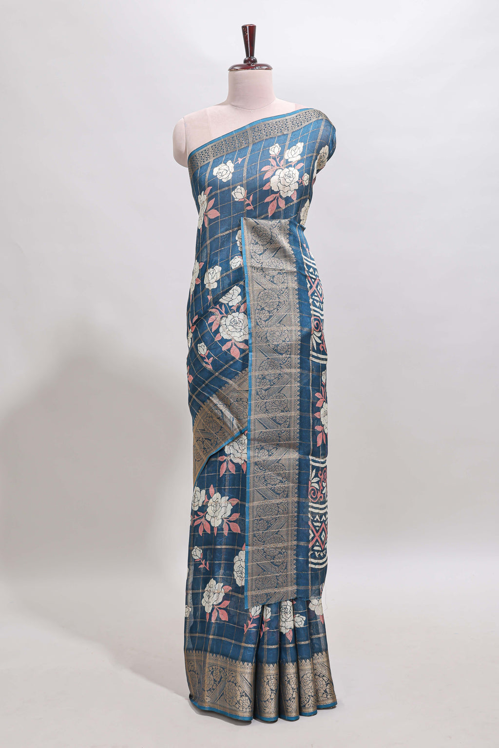 Blue checked floral design marsh mellow saree with self zari border and matching blouse