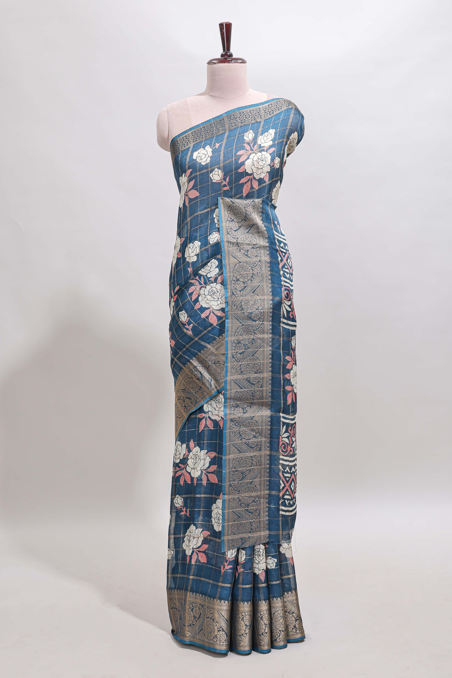 Blue checked floral design marsh mellow saree with self zari border and matching blouse