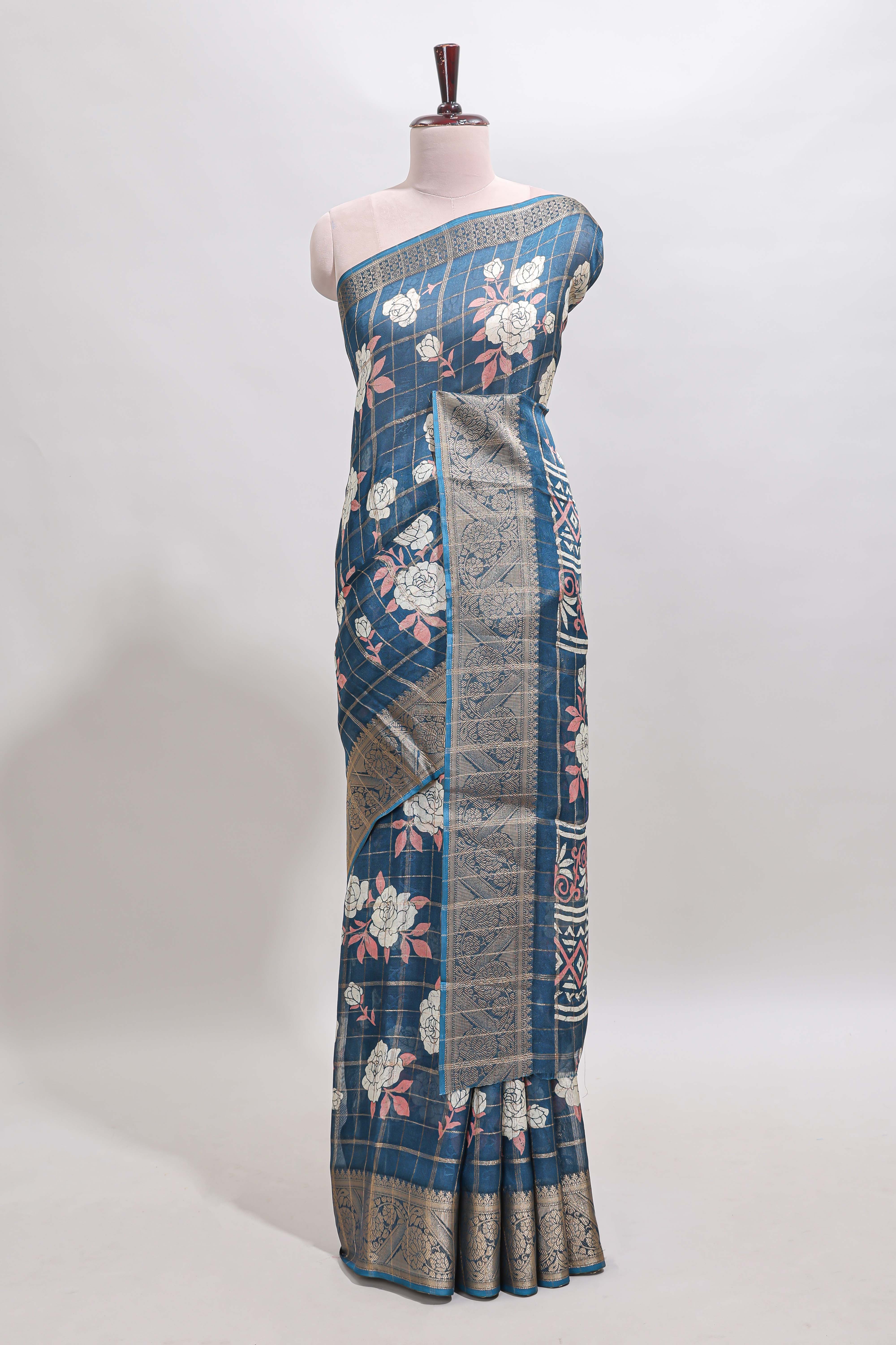 Blue checked floral design marsh mellow saree with self zari border and matching blouse