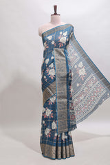 Blue checked floral design marsh mellow saree with self zari border and matching blouse