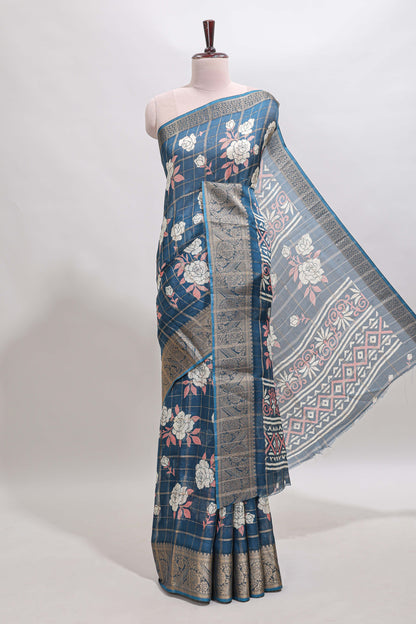 Blue checked floral design marsh mellow saree with self zari border and matching blouse