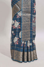 Blue checked floral design marsh mellow saree with self zari border and matching blouse