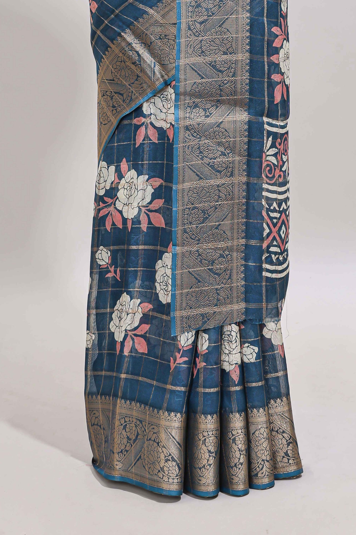 Blue checked floral design marsh mellow saree with self zari border and matching blouse