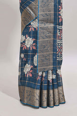Blue checked floral design marsh mellow saree with self zari border and matching blouse