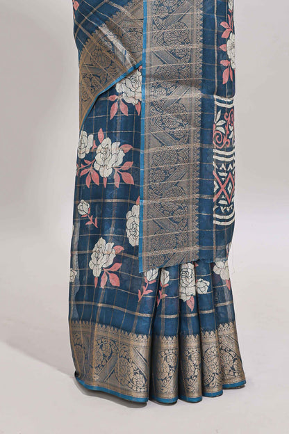 Blue checked floral design marsh mellow saree with self zari border and matching blouse