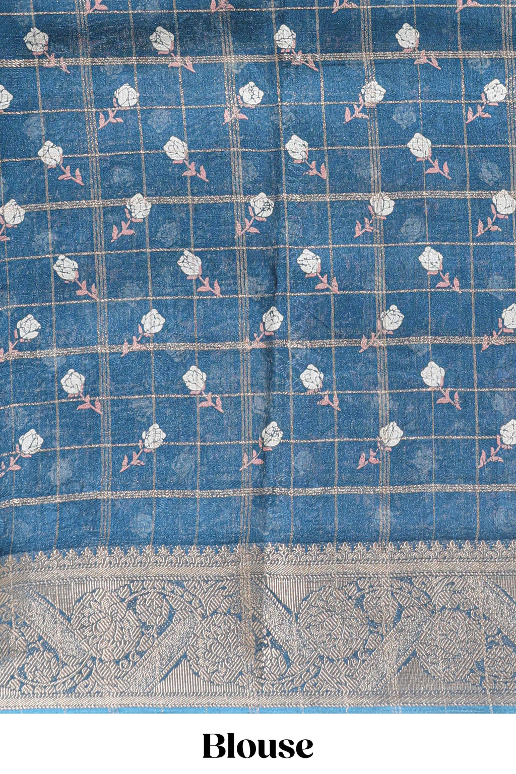 Blue checked floral design marsh mellow saree with self zari border and matching blouse