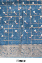 Blue checked floral design marsh mellow saree with self zari border and matching blouse